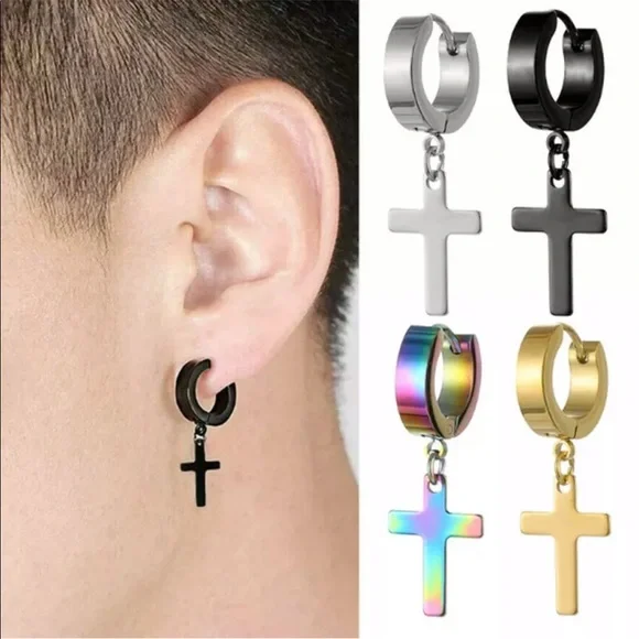 New 1 Piece  Punk Stainless Steel Cross Earrings Ear Stud Hoop Street Hip Hop - Picture 4 of 4